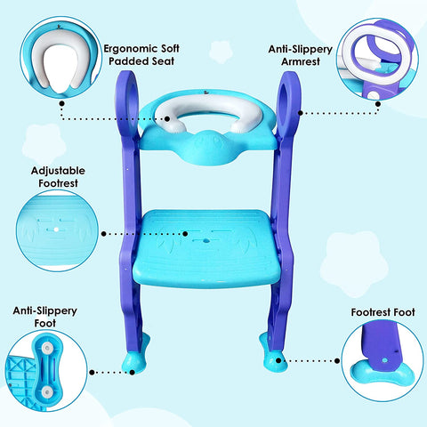 Sunbaby Foldable Potty-Trainer Seat for Toilet Potty Stand with Ladder Step Up Training Stool with Non-Slip Steps Ladder Adjustable Foldable for Boys Girls Toddlers Kid (Blue)