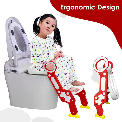 Sunbaby Foldable Potty-Trainer Seat for Toilet Potty Stand with Ladder Step Up Training Stool with Non-Slip Steps Ladder Adjustable Foldable for Boys Girls Toddlers Kids (White-RED)