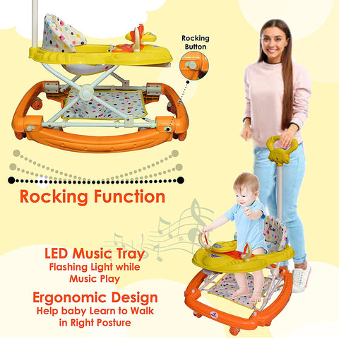 SUNBABY Rideon Baby Rocking Walker w/ High Quality, Strong, Safety Standards, Height Adjustable, w/ Light & Musical Toys, Rattles, Double Stitching Seat, Stopper, w/ Push Bar, Kids Walker for Baby Cycle, for 6-24 months (YELLOW-ORANGE)