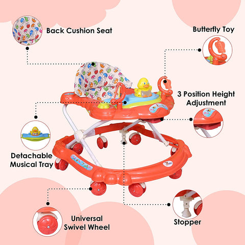 Sunbaby Baby Walker Kids Activity Rattle Toys for Babies Cycle, Adjustable Height, Thick, Safe & Comfortable Seat, Rotatable Wheel, Music Button, for Infant of 6 to 20 Months (RED)