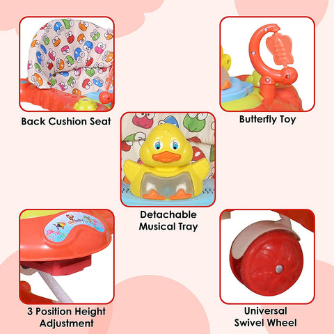 Sunbaby Baby Walker Kids Activity Rattle Toys for Babies Cycle, Adjustable Height, Thick, Safe & Comfortable Seat, Rotatable Wheel, Music Button, for Infant of 6 to 20 Months (RED)