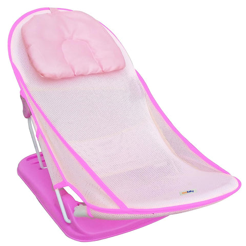 Sunbaby"First Bath" Net Deluxe Bather w/Padded Cushion for Baby, Safety Anti Slip Rubber-for Newborn/Infants,Portable Foldable Bathing wash Training Seat for Baby boy, Girl 0-6 Months (Pink)