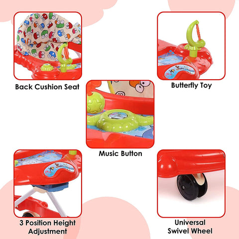 Sunbaby Baby Walker Kids Activity Rattle Toys for Babies Cycle, Adjustable Height, Thick, Safe & Comfortable Seat, Rotatable Wheel, Music Button, for Infant of 6 to 20 Months (RED)