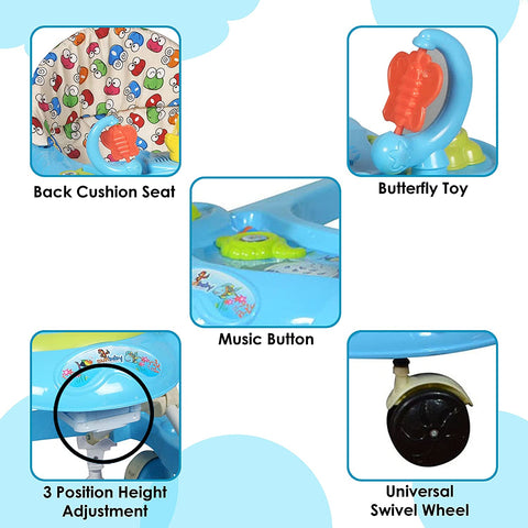 Sunbaby Baby Walker Kids Activity Rattle Toys for Babies Cycle, Adjustable Height, Thick, Safe & Comfortable Seat, Rotatable Wheel, Music Button, for Infant of 6 to 20 Months (Blue) BLUE Butterfly Walker Walker