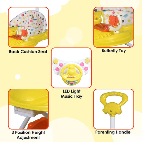 SUNBABY Rideon Baby Rocking Walker w/ High Quality, Strong, Safety Standards, Height Adjustable, w/ Light & Musical Toys, Rattles, Double Stitching Seat, Stopper, w/ Push Bar, Kids Walker for Baby Cycle, for 6-24 months (YELLOW-ORANGE)