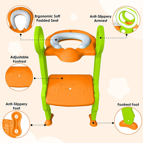 Sunbaby Foldable Potty-Trainer Seat for Toilet Potty Stand with Ladder Step Up Training Stool with Non-Slip Steps Ladder Adjustable Foldable for Boys Girls Toddlers Kid (Orange)
