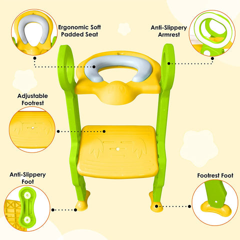 Sunbaby Foldable Potty-Trainer Seat for Toilet Potty Stand with Ladder Step Up Training Stool with Non-Slip Steps Ladder Adjustable Foldable for Boys Girls Toddlers Kids (Yellow-Green)