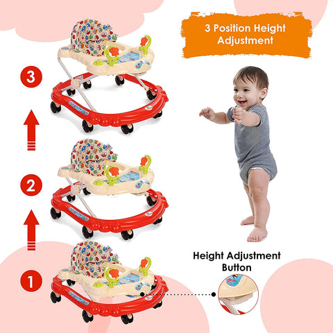 Sunbaby Baby Walker Kids Activity Rattle Toys for Babies Cycle, Adjustable Height, Thick, Safe & Comfortable Seat, Rotatable Wheel, Music Button, for Infant of 6 to 20 Months (White-RED)