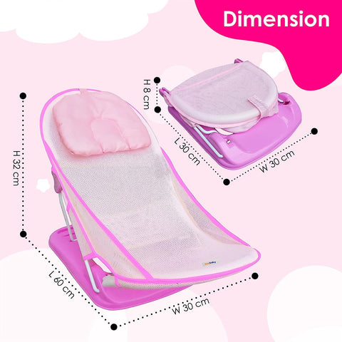 Sunbaby"First Bath" Net Deluxe Bather w/Padded Cushion for Baby, Safety Anti Slip Rubber-for Newborn/Infants,Portable Foldable Bathing wash Training Seat for Baby boy, Girl 0-6 Months (Pink)