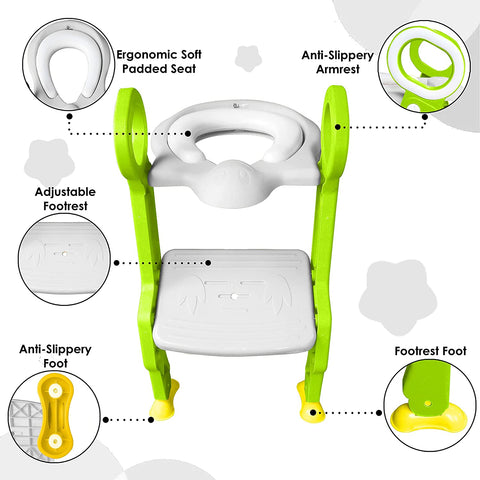 Sunbaby Foldable Potty-Trainer Seat for Toilet Potty Stand with Ladder Step Up Training Stool with Non-Slip Steps Ladder Adjustable Foldable for Boys Girls Toddlers Kids (White-Green)