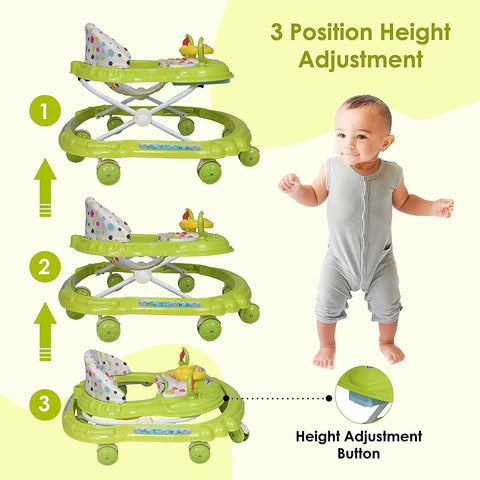 SUNBABY Rideon Car Baby Walker, Strong, Height Adjustable, Light & Musical Toys, Rattles, Soft Thick Cushioned Seat-Activity Walker 6-24 Months (Green)
