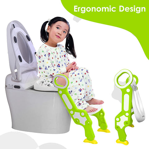 Sunbaby Foldable Potty-Trainer Seat for Toilet Potty Stand with Ladder Step Up Training Stool with Non-Slip Steps Ladder Adjustable Foldable for Boys Girls Toddlers Kids (White-Green)