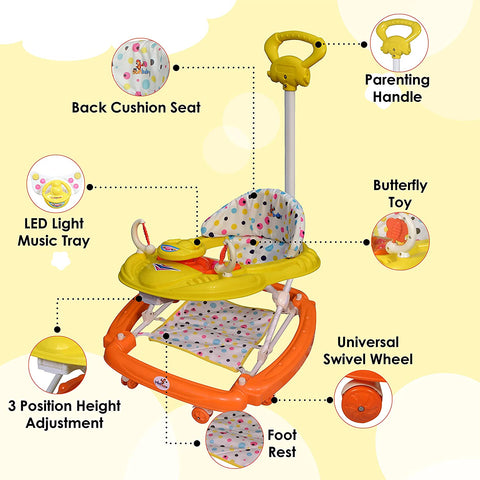 SUNBABY Rideon Baby Rocking Walker w/ High Quality, Strong, Safety Standards, Height Adjustable, w/ Light & Musical Toys, Rattles, Double Stitching Seat, Stopper, w/ Push Bar, Kids Walker for Baby Cycle, for 6-24 months (YELLOW-ORANGE)