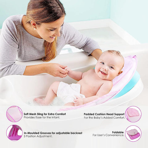 Sunbaby"First Bath" Net Deluxe Bather w/Padded Cushion for Baby, Safety Anti Slip Rubber-for Newborn/Infants,Portable Foldable Bathing wash Training Seat for Baby boy, Girl 0-6 Months (Pink)