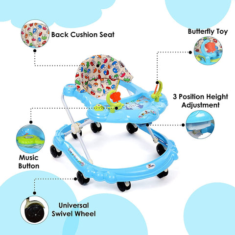 Sunbaby Baby Walker Kids Activity Rattle Toys for Babies Cycle, Adjustable Height, Thick, Safe & Comfortable Seat, Rotatable Wheel, Music Button, for Infant of 6 to 20 Months (Blue)