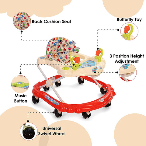 Sunbaby Baby Walker Kids Activity Rattle Toys for Babies Cycle, Adjustable Height, Thick, Safe & Comfortable Seat, Rotatable Wheel, Music Button, for Infant of 6 to 20 Months (White-RED)