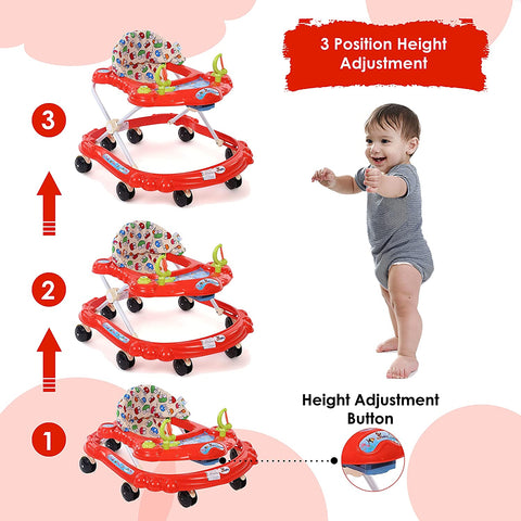 Sunbaby Baby Walker Kids Activity Rattle Toys for Babies Cycle, Adjustable Height, Thick, Safe & Comfortable Seat, Rotatable Wheel, Music Button, for Infant of 6 to 20 Months (RED)