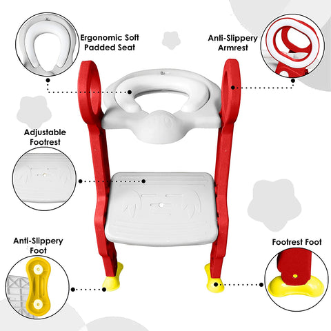 Sunbaby Foldable Potty-Trainer Seat for Toilet Potty Stand with Ladder Step Up Training Stool with Non-Slip Steps Ladder Adjustable Foldable for Boys Girls Toddlers Kids (White-RED)