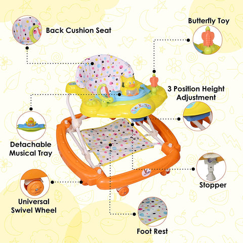 SUNBABY Musical Piano Duck Baby Rocking Walker, High Quality Safety Standard ,Height Adjustable, Light & Musical Toys, Rattles, Double Stitching Soft Cushioned Seat , Age 6-24 Months. (Yellow-Orange) YELLOW-ORANGE Rocking Walker Walker