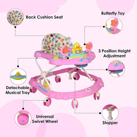 Sunbaby Baby Walker Kids Activity Rattle Toys for Babies Cycle, Adjustable Height, Thick, Safe & Comfortable Seat, Rotatable Wheel, Music Button, for Infant of 6 to 20 Months (Pink)