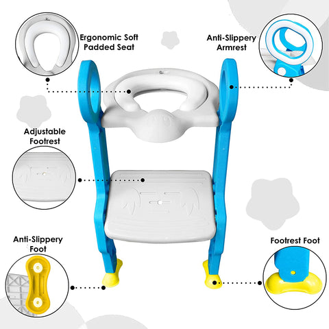 Sunbaby Foldable Potty-Trainer Seat for Toilet Potty Stand with Ladder Step Up Training Stool with Non-Slip Steps Ladder Adjustable Foldable for Boys Girls Toddlers Kids (White-Blue)