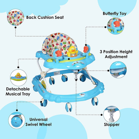 Sunbaby Baby Walker Kids Activity Rattle Toys for Babies Cycle, Adjustable Height, Thick, Safe & Comfortable Seat, Rotatable Wheel, Music Button, for Infant of 6 to 20 Months (Blue)