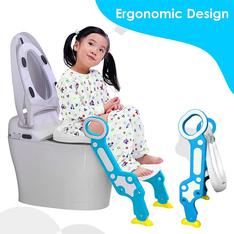 Sunbaby Foldable Potty-Trainer Seat for Toilet Potty Stand with Ladder Step Up Training Stool with Non-Slip Steps Ladder Adjustable Foldable for Boys Girls Toddlers Kids (White-Blue)