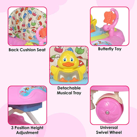 Sunbaby Baby Walker Kids Activity Rattle Toys for Babies Cycle, Adjustable Height, Thick, Safe & Comfortable Seat, Rotatable Wheel, Music Button, for Infant of 6 to 20 Months (Pink)