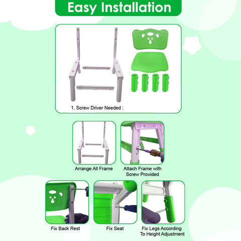 Sunbaby Kids Chair (Height Adjustable/Flexible) Strong Frame, Study Chairs, Portable, Kids Furniture Broad Wide Seating, Correct Posture Supports Back Ergonomic Design (Green)