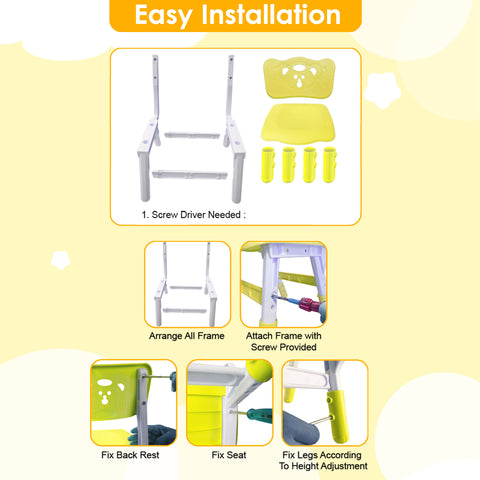 Sunbaby Kids Chair (Height Adjustable/ Flexible) Strong Frame, Study Chairs, Portable, Kids Furniture Broad Wide Seating, Correct Posture Supports Back Ergonomic Design (Yellow)