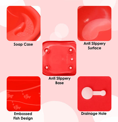 Sunbaby Antislip Infant Kids Bathtub bathing For New Born babies 0 months to 2 year with soap shampoo holder,Drain Plug (RED)