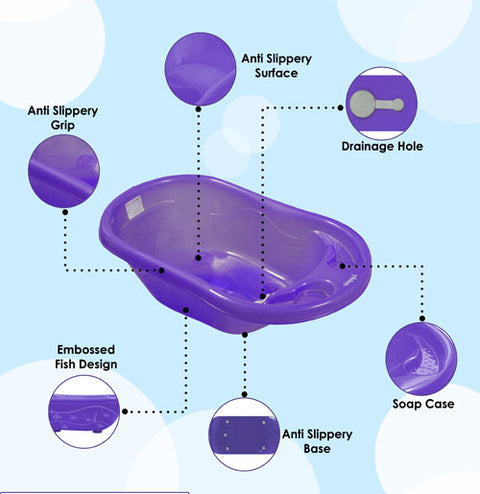 Sunbaby Antislip Infant Kids Bathtub bathing For New Born babies 0 months to 2 year with soap shampoo holder,Drain Plug (PURPLE)
