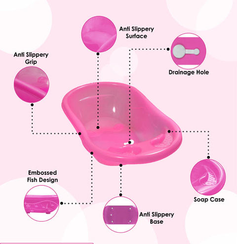 Sunbaby Antislip Infant Kids Bathtub bathing For New Born babies 0 months to 2 year with soap shampoo holder,Drain Plug (PINK)
