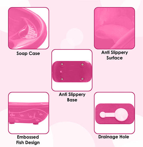 Sunbaby Antislip Infant Kids Bathtub bathing For New Born babies 0 months to 2 year with soap shampoo holder,Drain Plug (PINK)